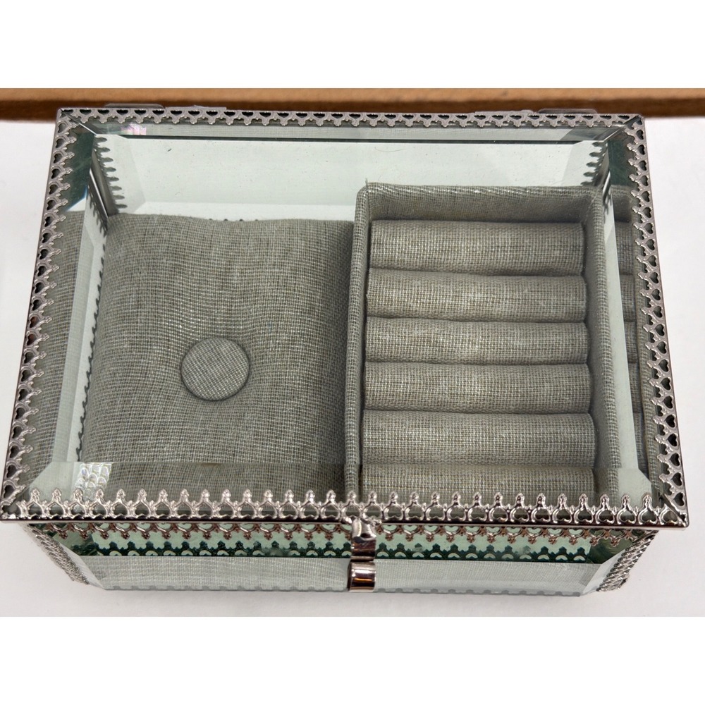 Nicole Miller Home Glass Jewelry Box Silver Filigree Beveled Ring‎ Organizer